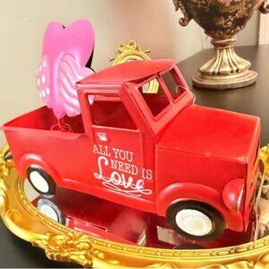 Valentine Red Truck Decor “All You Need Is Love” Metal Tabletop Heart Accent
